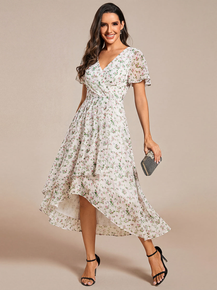 Deep V-Neck Chiffon Ruffle Sleeve Wedding Guest Dress
