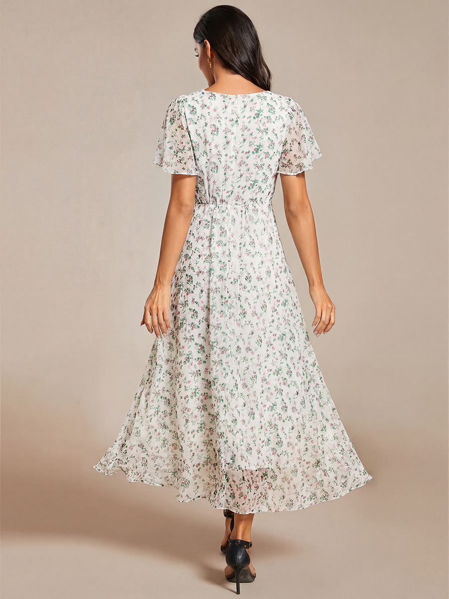 Deep V-Neck Chiffon Ruffle Sleeve Wedding Guest Dress