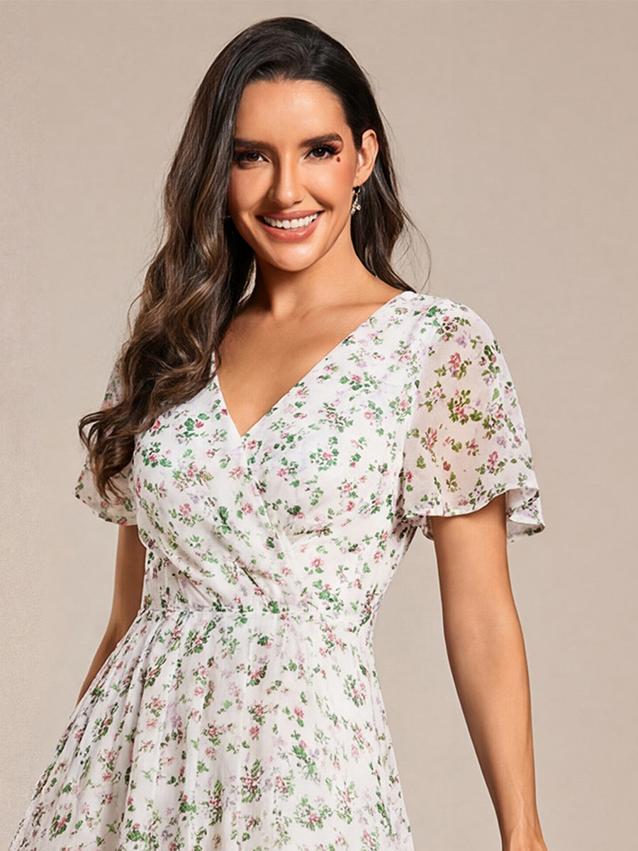 Deep V-Neck Chiffon Ruffle Sleeve Wedding Guest Dress