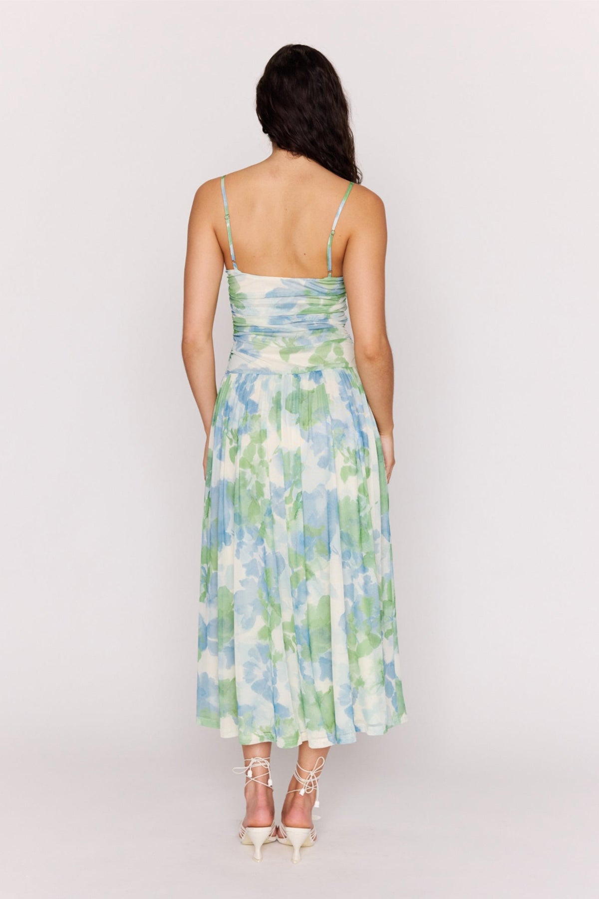 Carrie Green Watercolour Floral Mesh Strappy Maxi Dress