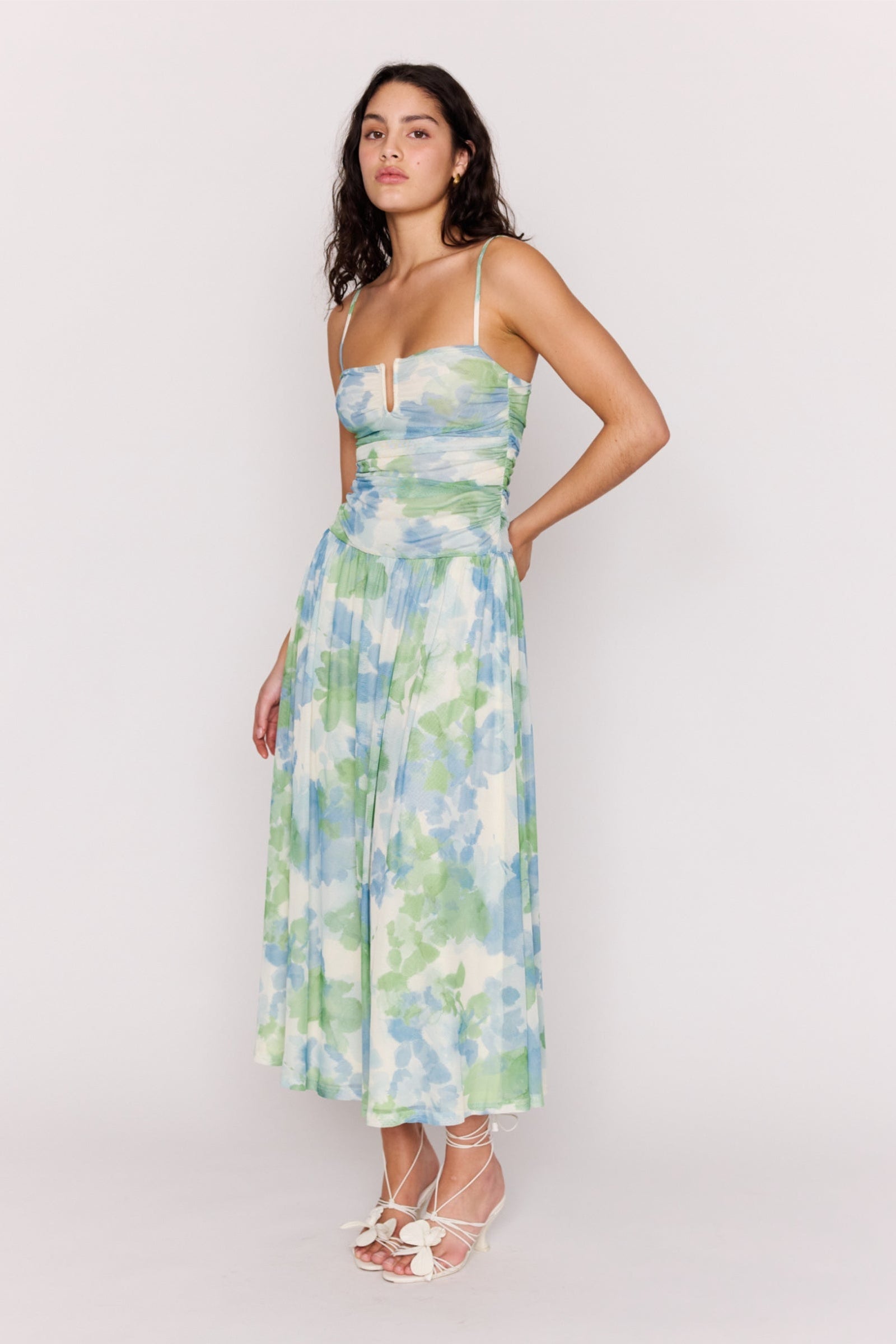 Carrie Green Watercolour Floral Mesh Strappy Maxi Dress