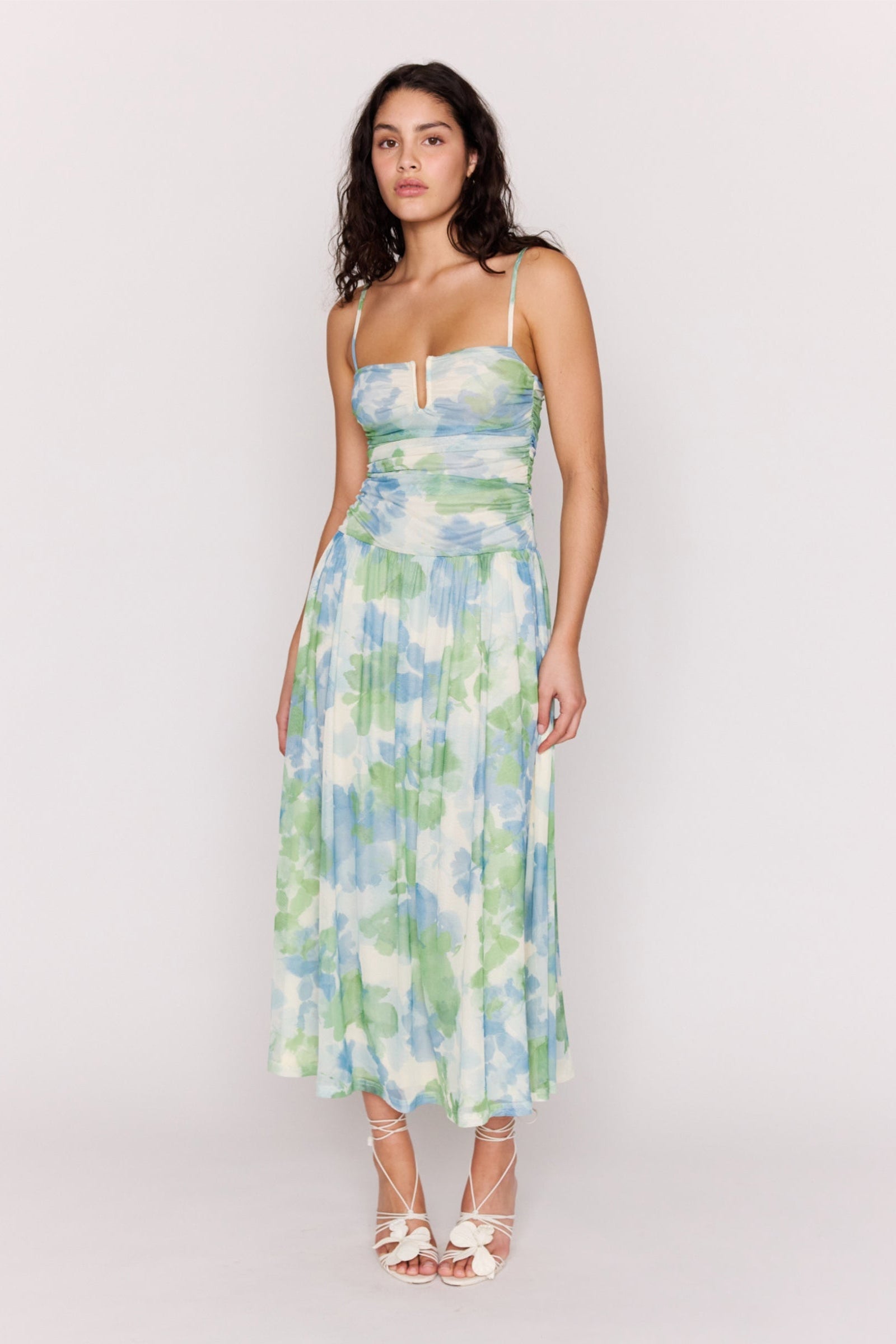 Carrie Green Watercolour Floral Mesh Strappy Maxi Dress