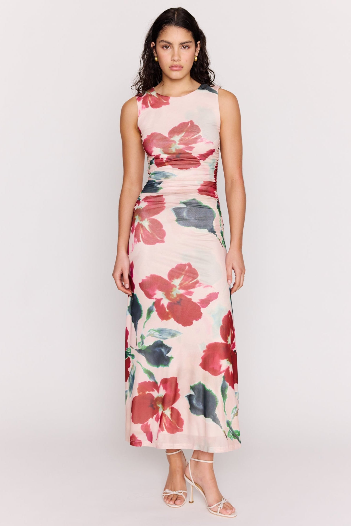 Arabella Red Floral Mesh Sleeveless Midi Dress