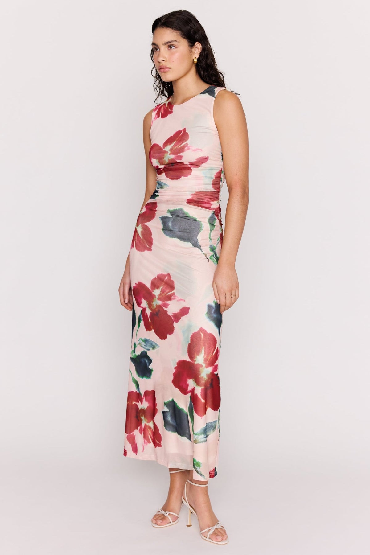 Arabella Red Floral Mesh Sleeveless Midi Dress