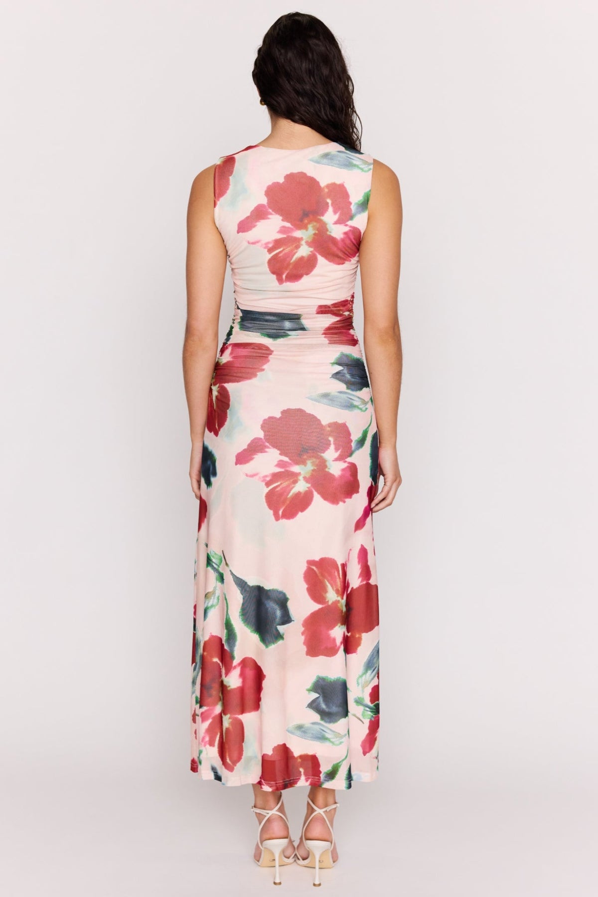 Arabella Red Floral Mesh Sleeveless Midi Dress