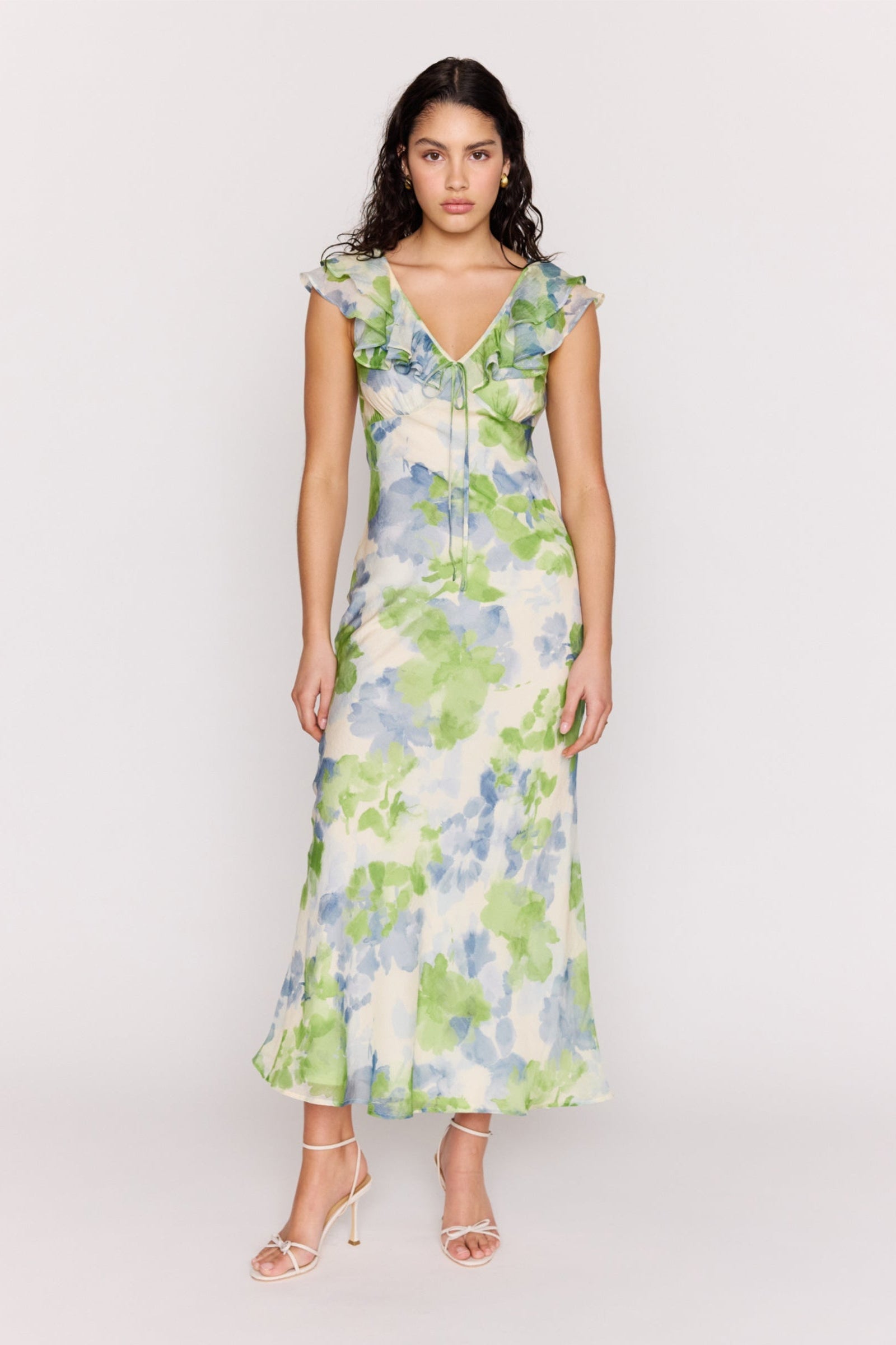Carrie Green Watercolour Floral Ruffled SS Midi Dress