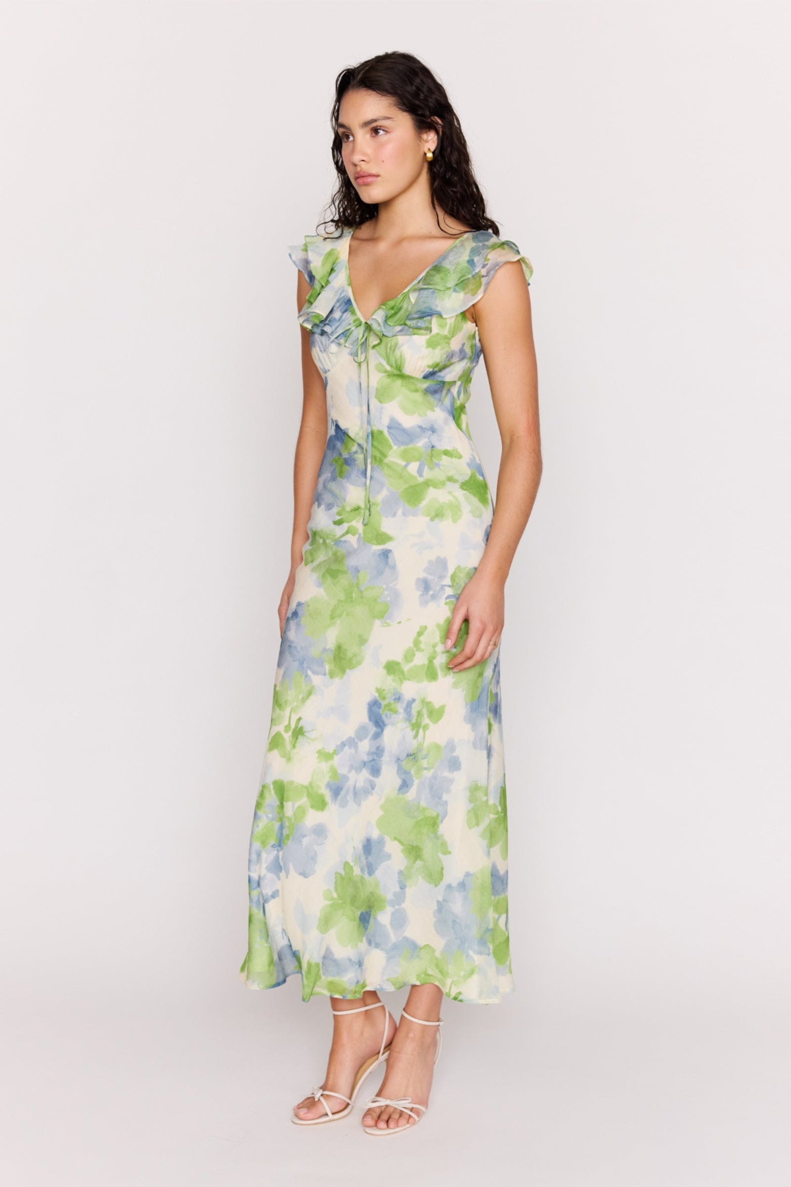 Carrie Green Watercolour Floral Ruffled SS Midi Dress