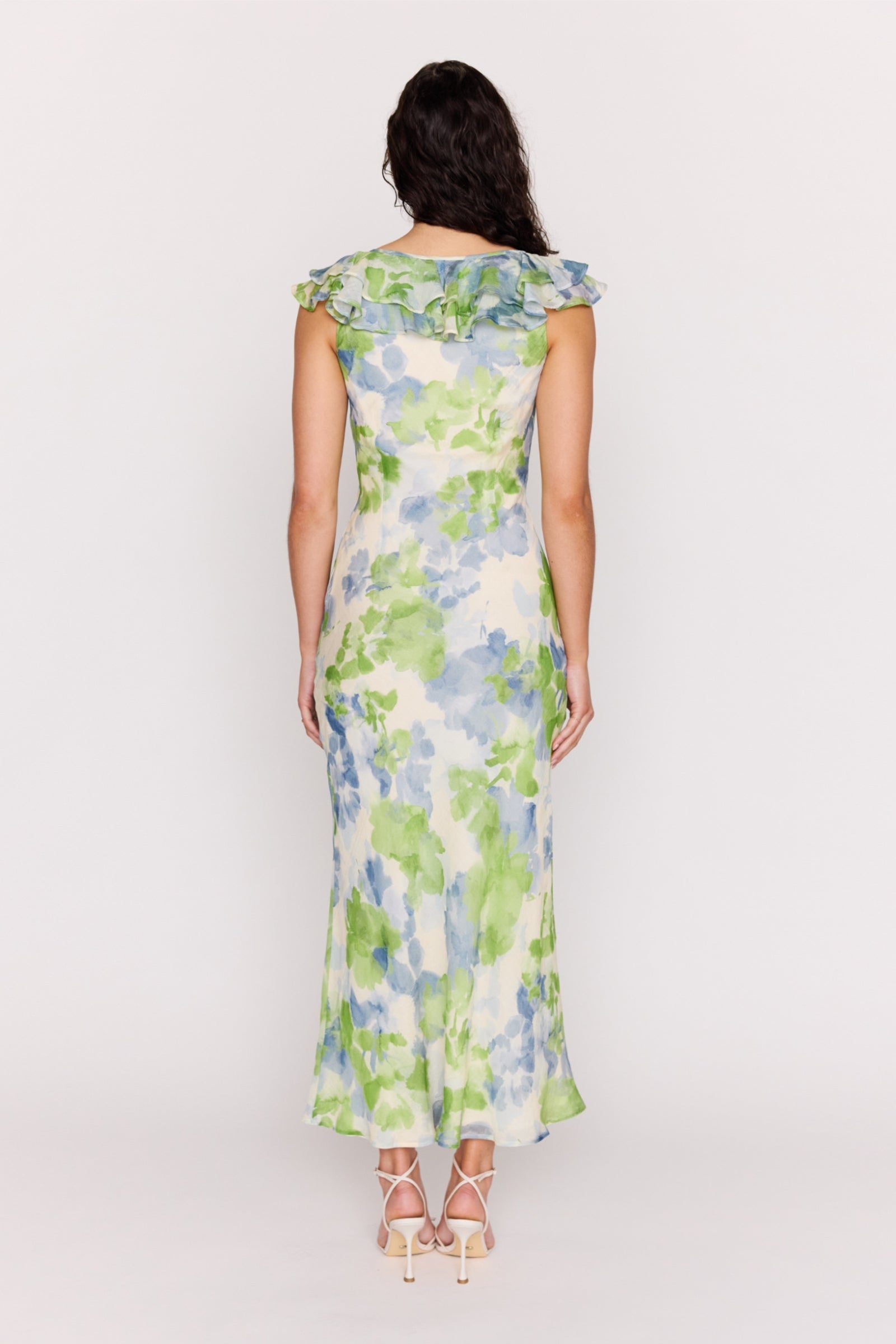Carrie Green Watercolour Floral Ruffled SS Midi Dress