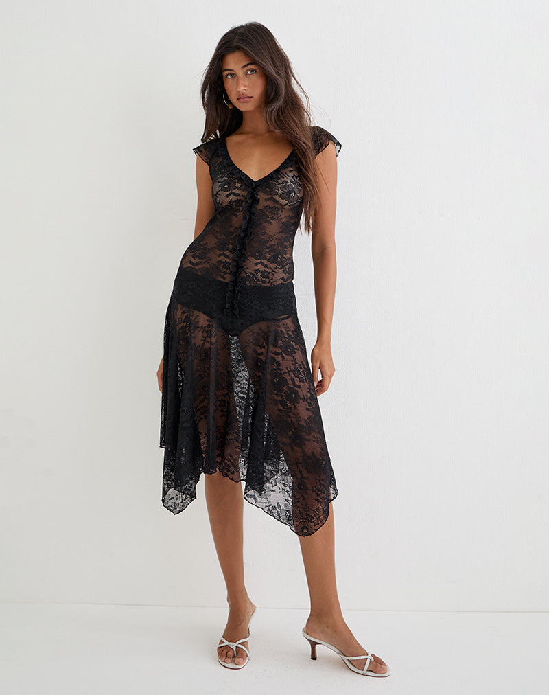 Moselle Drop Waist Midi Dress in Lace Black