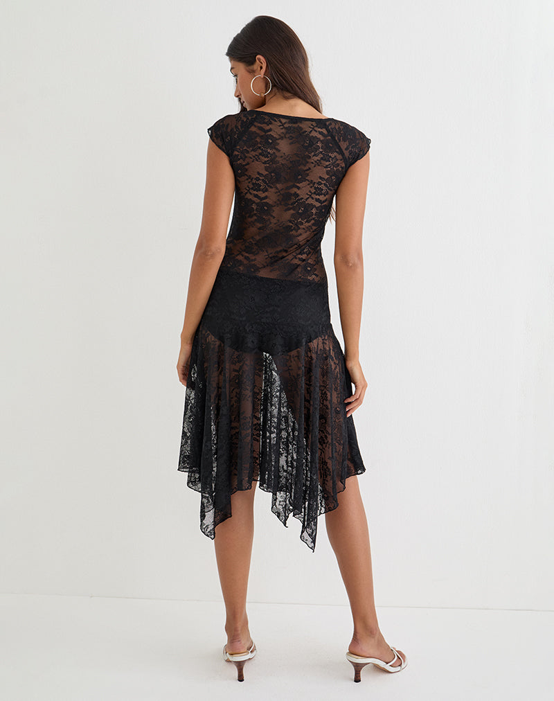 Moselle Drop Waist Midi Dress in Lace Black