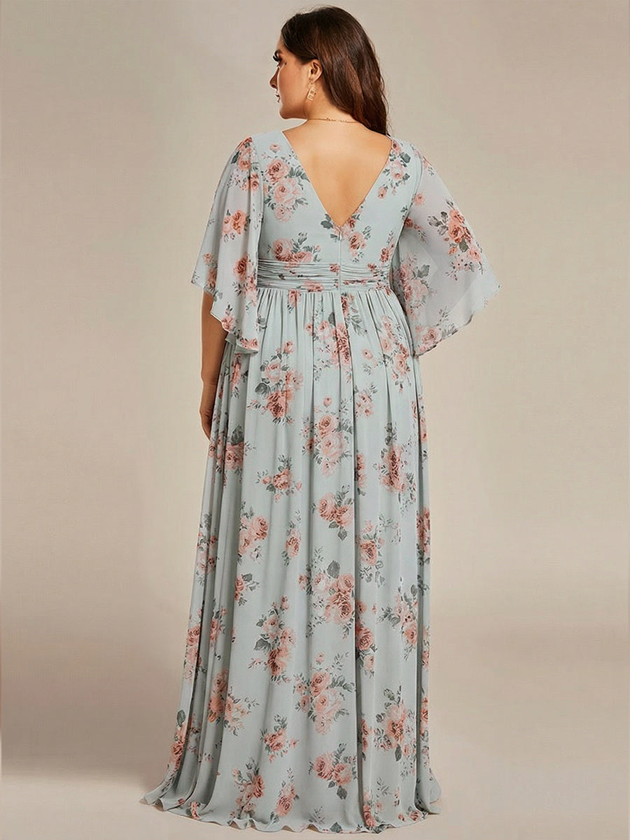 ever ELYAN|Half Sleeve V-Neck Pleated High Slit A-Line Chiffon Bridesmaid Dress