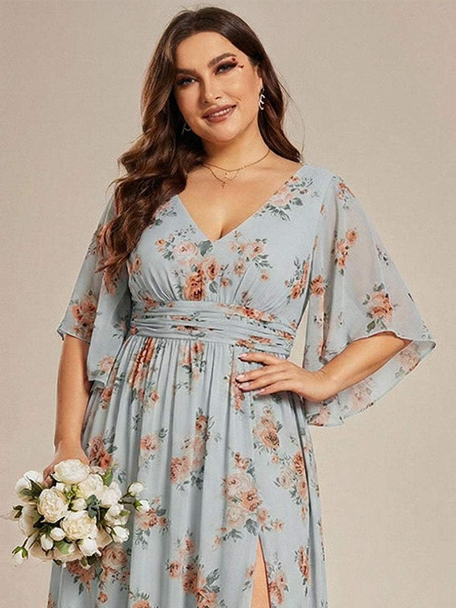ever ELYAN|Half Sleeve V-Neck Pleated High Slit A-Line Chiffon Bridesmaid Dress