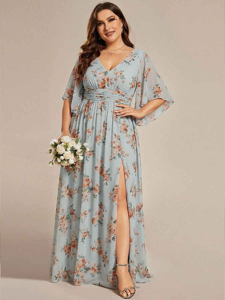 ever ELYAN|Half Sleeve V-Neck Pleated High Slit A-Line Chiffon Bridesmaid Dress