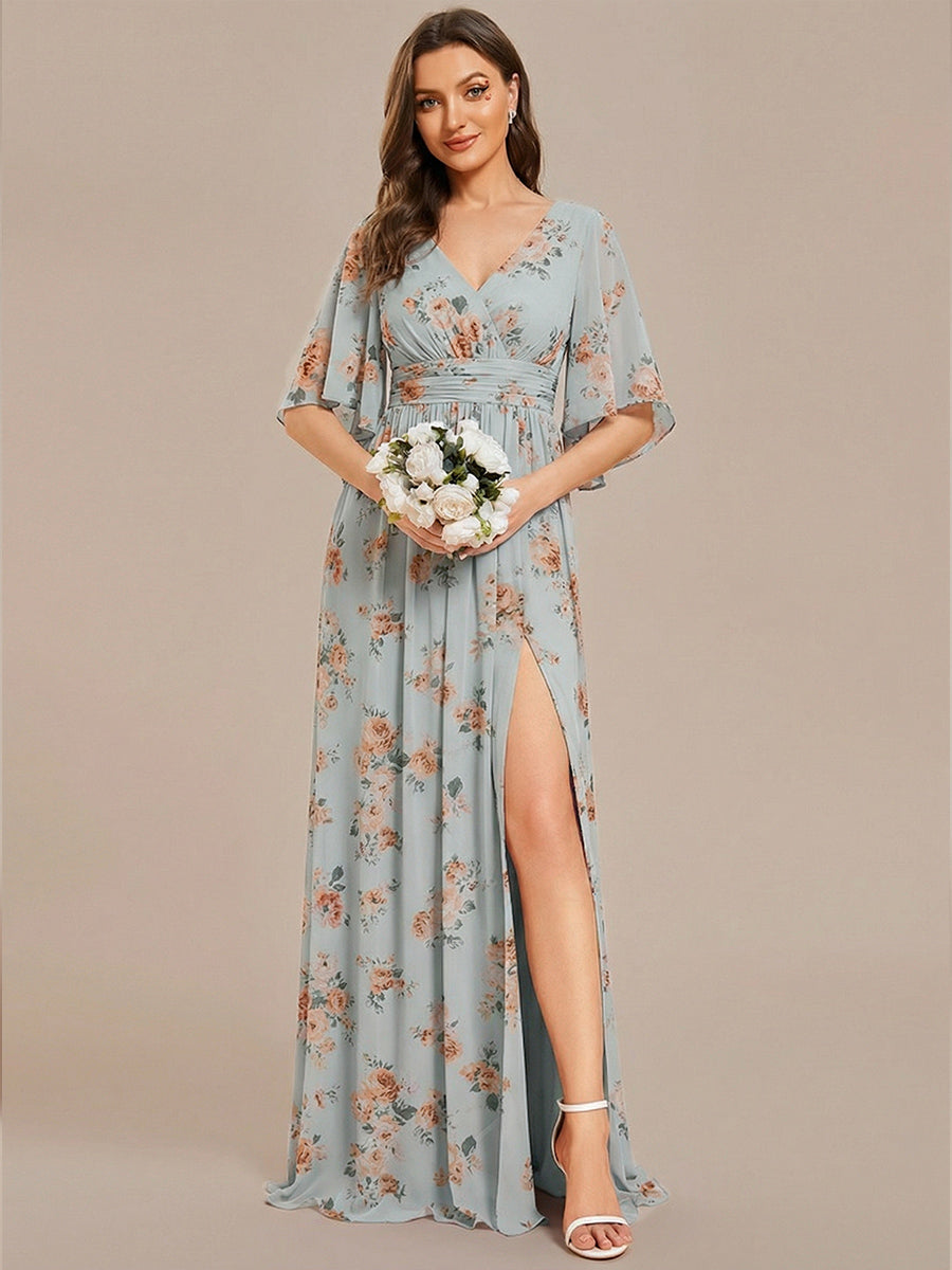 ever ELYAN|Half Sleeve V-Neck Pleated High Slit A-Line Chiffon Bridesmaid Dress