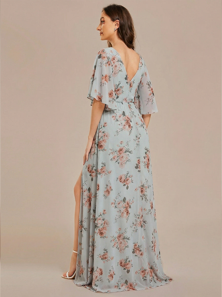 ever ELYAN|Half Sleeve V-Neck Pleated High Slit A-Line Chiffon Bridesmaid Dress