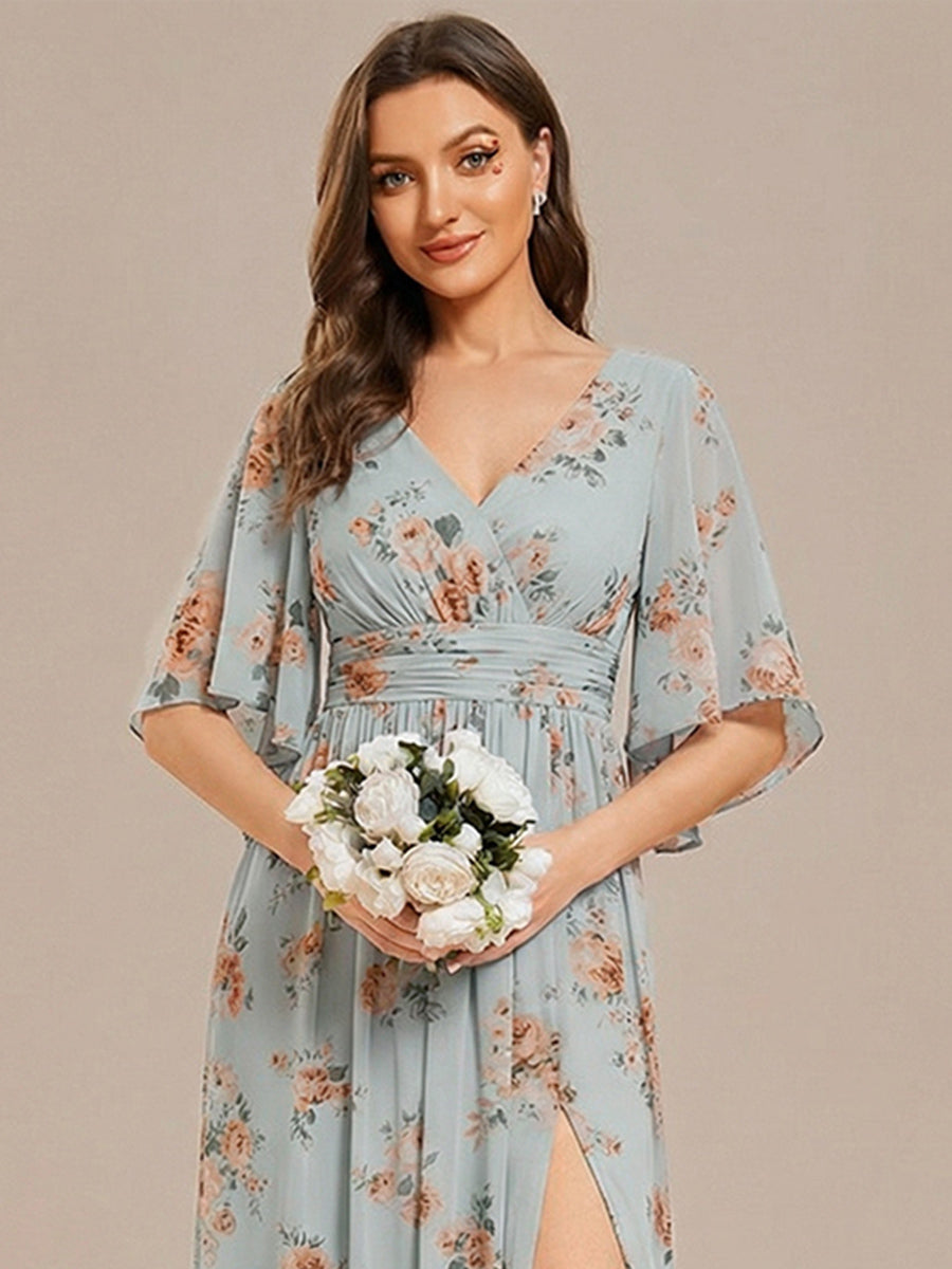 ever ELYAN|Half Sleeve V-Neck Pleated High Slit A-Line Chiffon Bridesmaid Dress