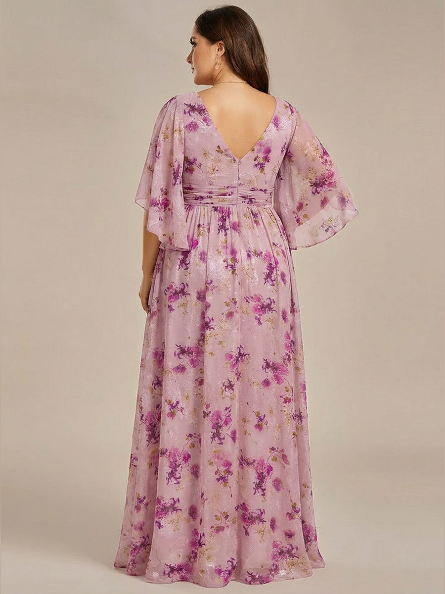ever ELYAN|Half Sleeve V-Neck Pleated High Slit A-Line Chiffon Bridesmaid Dress