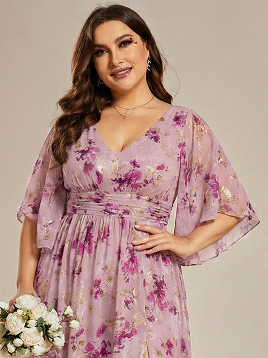 ever ELYAN|Half Sleeve V-Neck Pleated High Slit A-Line Chiffon Bridesmaid Dress