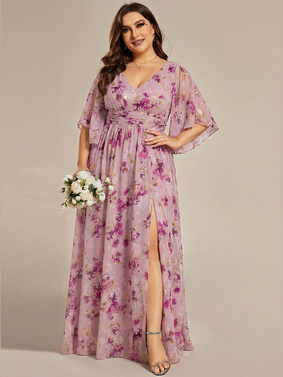 ever ELYAN|Half Sleeve V-Neck Pleated High Slit A-Line Chiffon Bridesmaid Dress