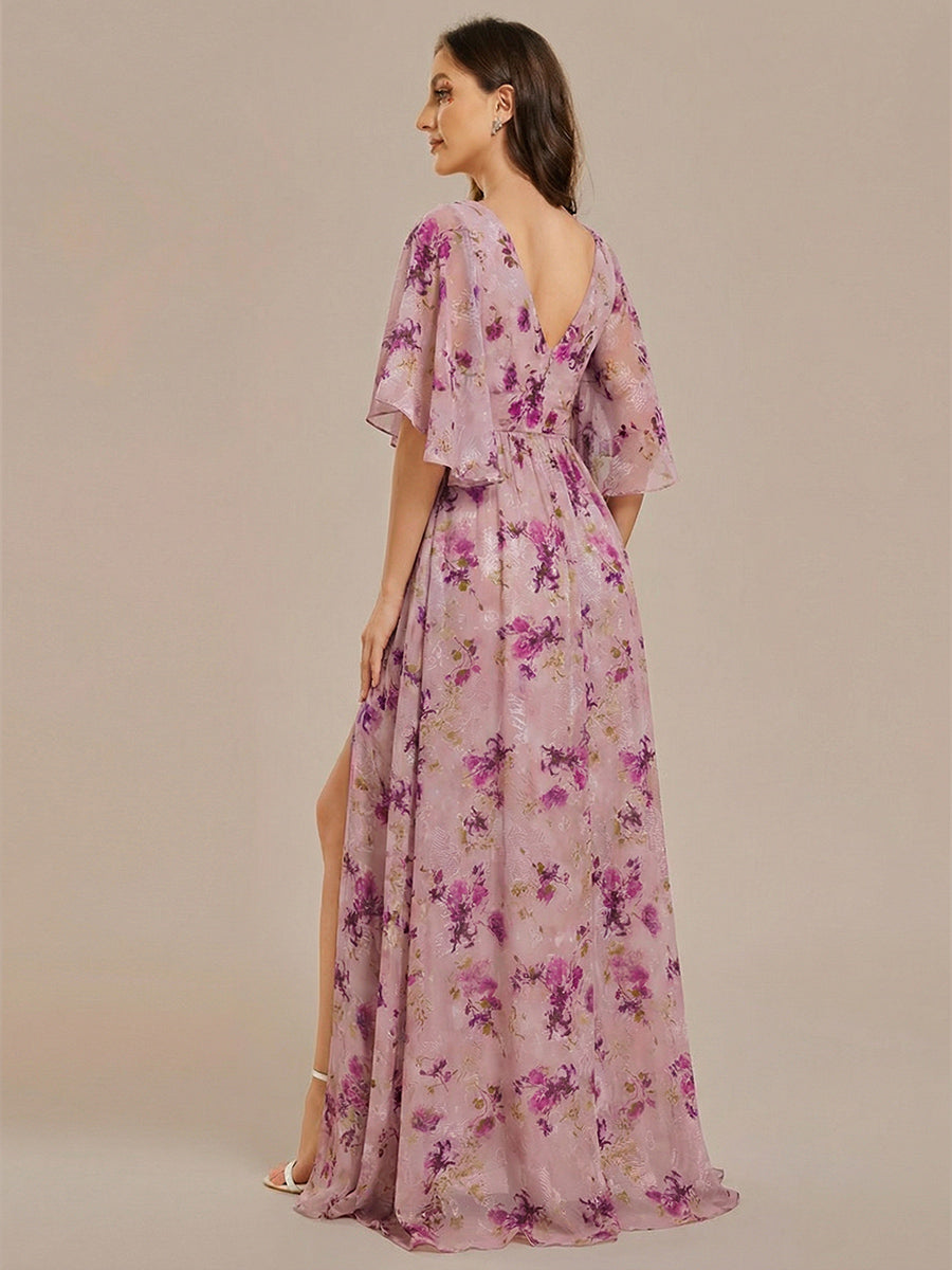 ever ELYAN|Half Sleeve V-Neck Pleated High Slit A-Line Chiffon Bridesmaid Dress
