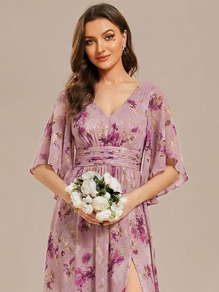 ever ELYAN|Half Sleeve V-Neck Pleated High Slit A-Line Chiffon Bridesmaid Dress