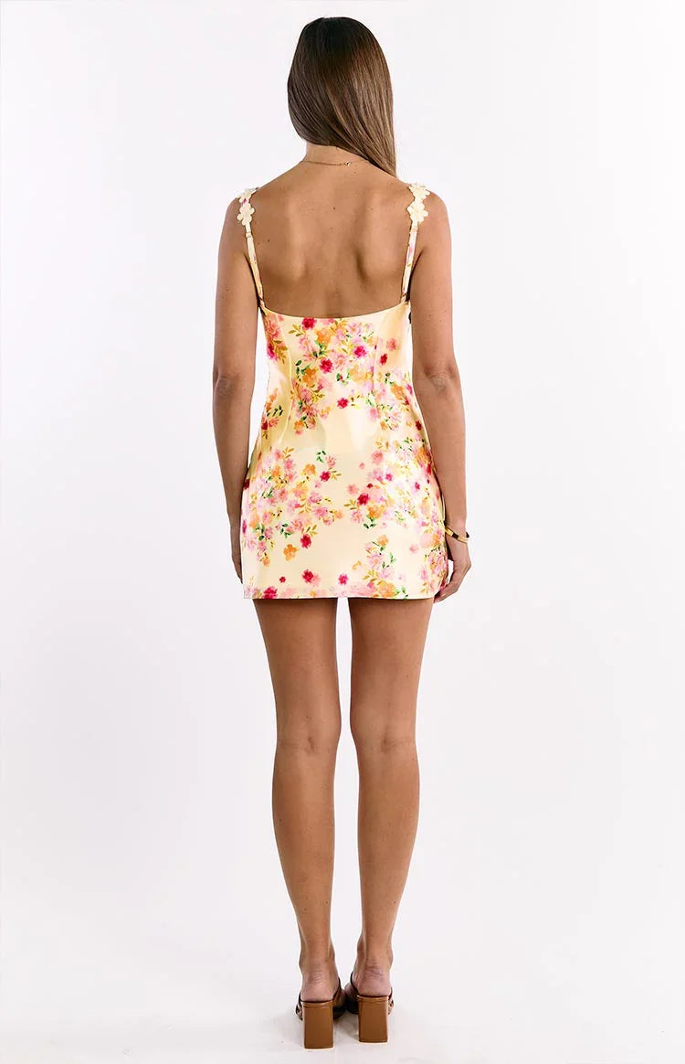 Marbelle Yellow Bloom Satin Mini Dress