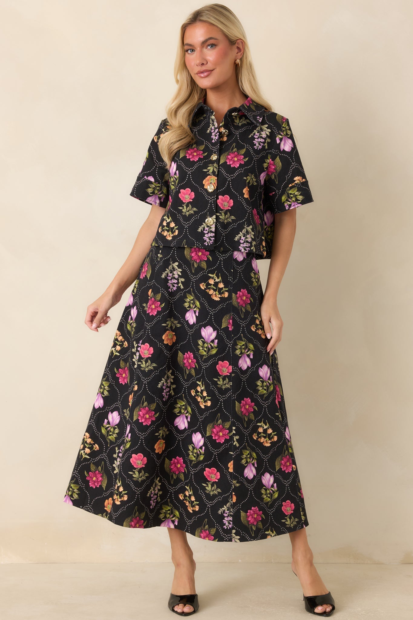 Consider Me Charmed Black Multi Floral Cotton Maxi Skirt