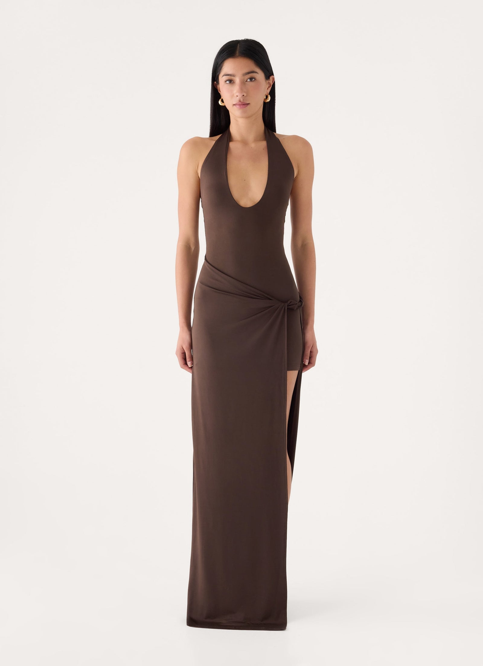 Monna Halter Wrap Maxi Dress - Chocolate