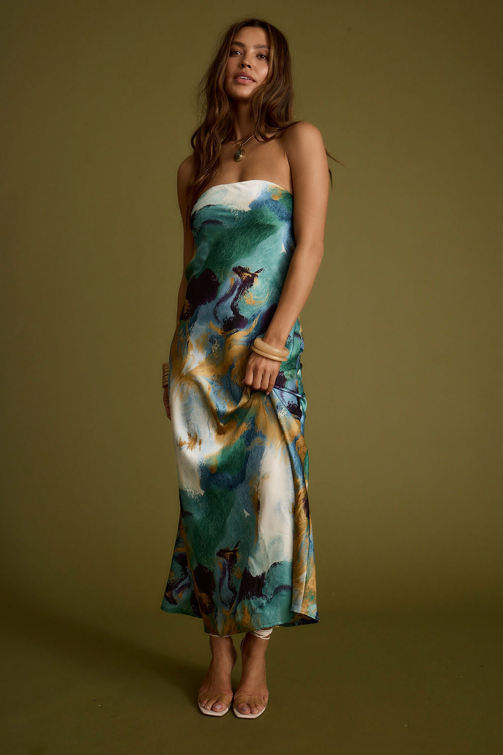 Natalia Blue and Gold Watercolor Strapless Maxi Dress