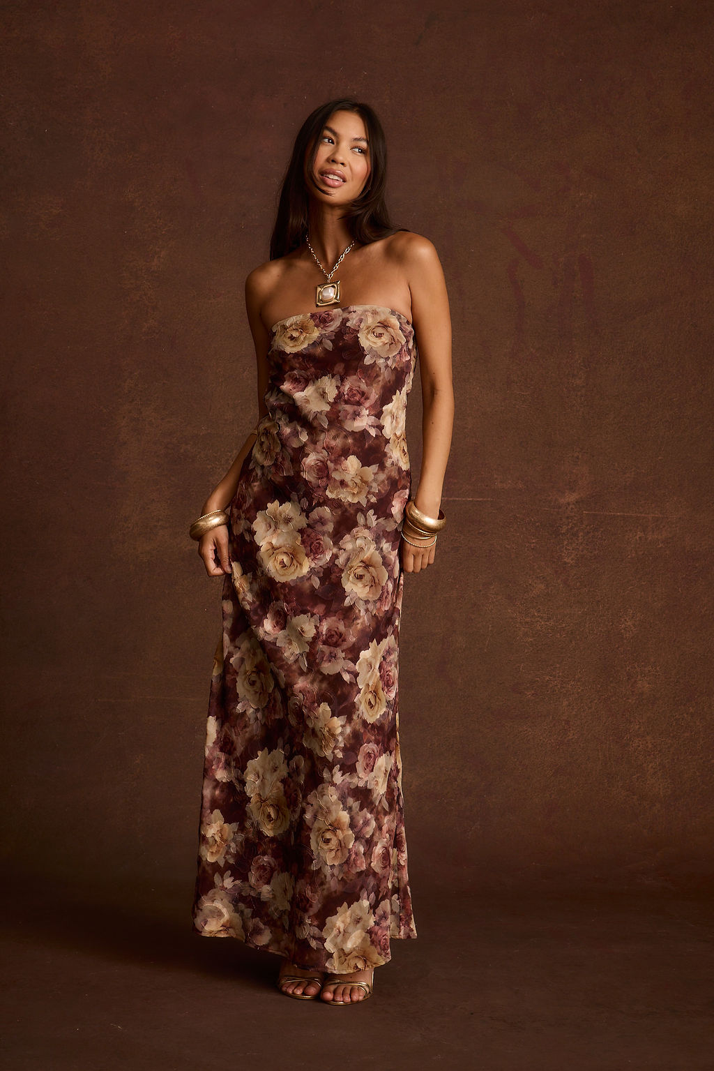 Natalia Strapless Mulberry Floral Maxi Dress