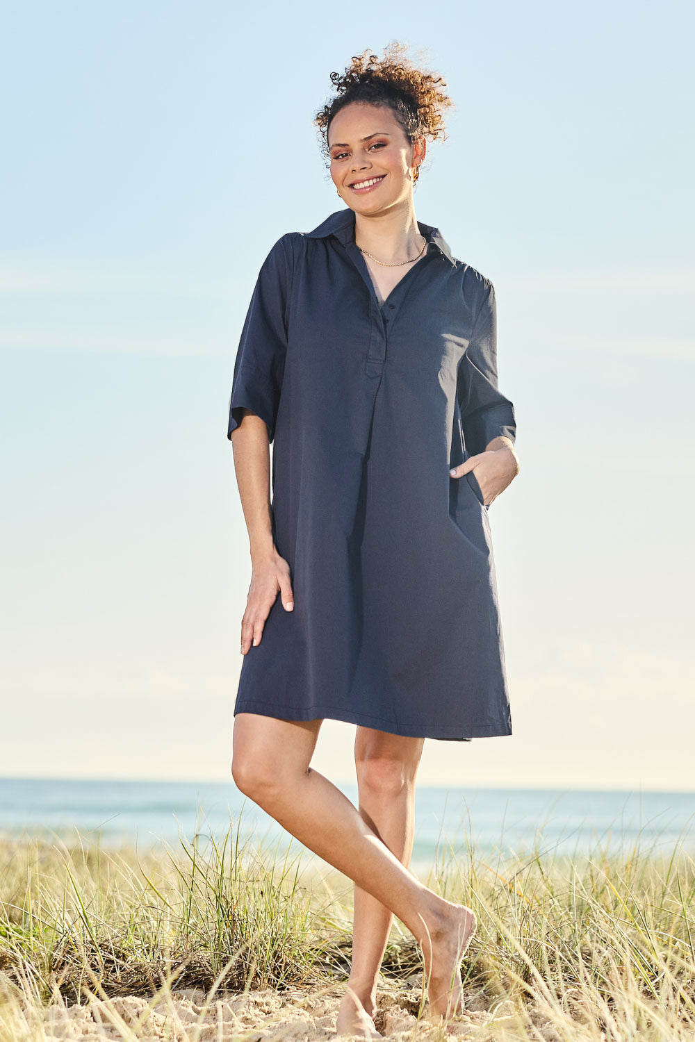 Cotton Poplin Swing Dress - Dustyblue