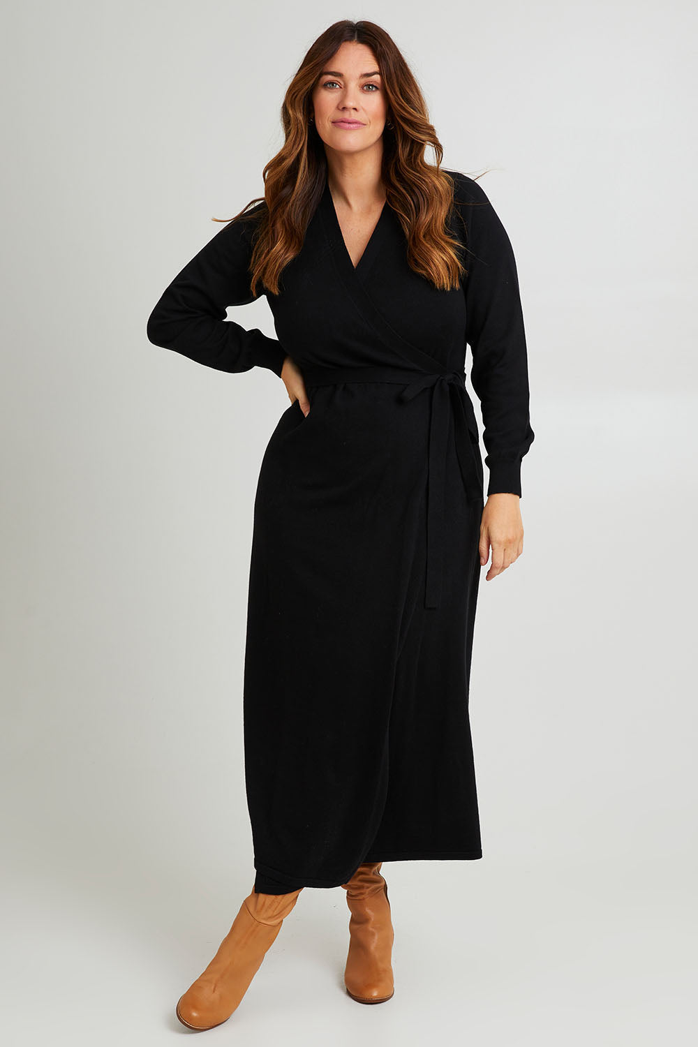 Cotton Cashmere Wrap Dress - Black