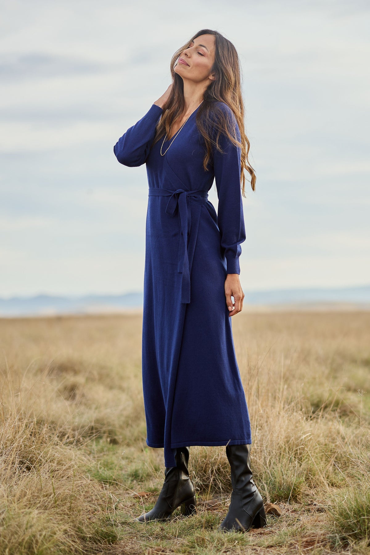 Cotton Cashmere Wrap Dress - Navy