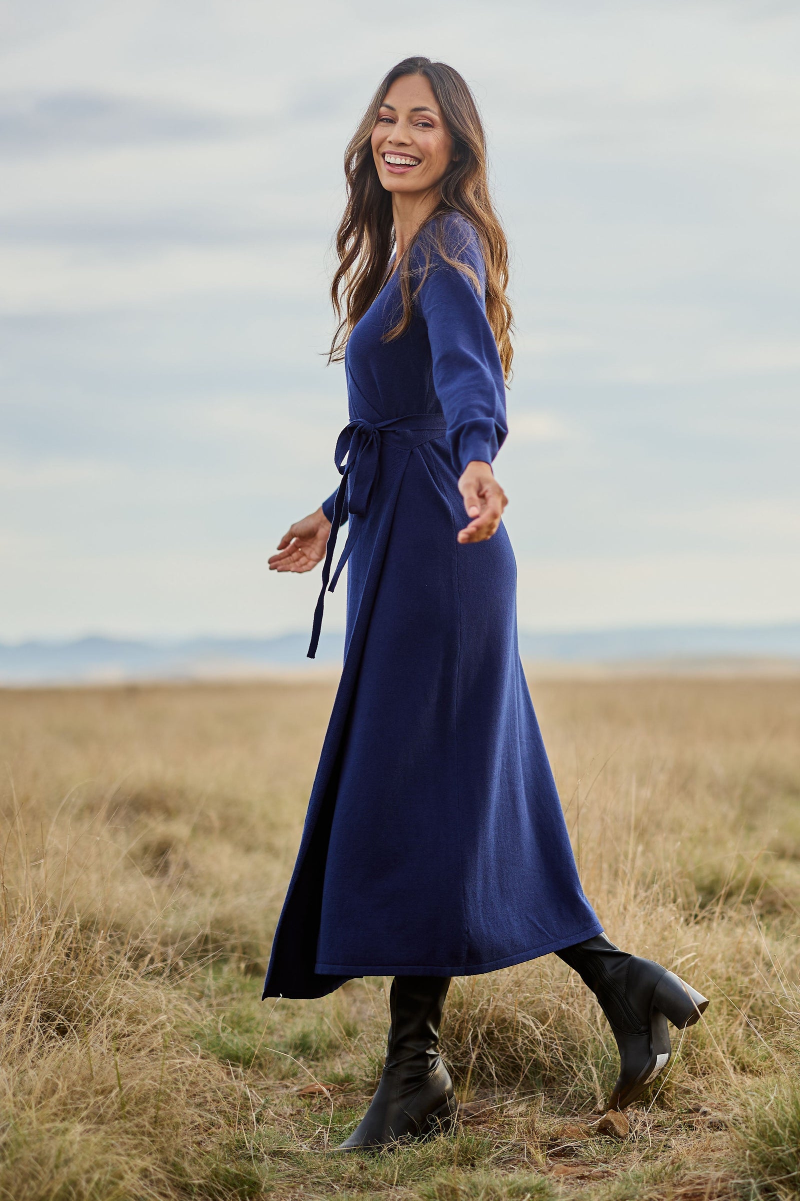 Cotton Cashmere Wrap Dress - Navy