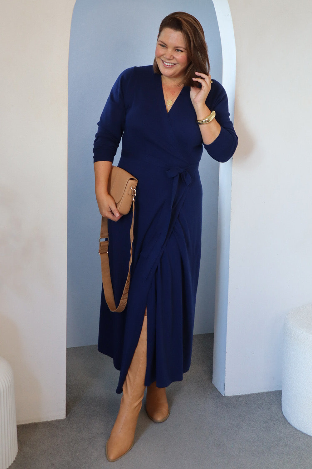 Cotton Cashmere Wrap Dress - Navy