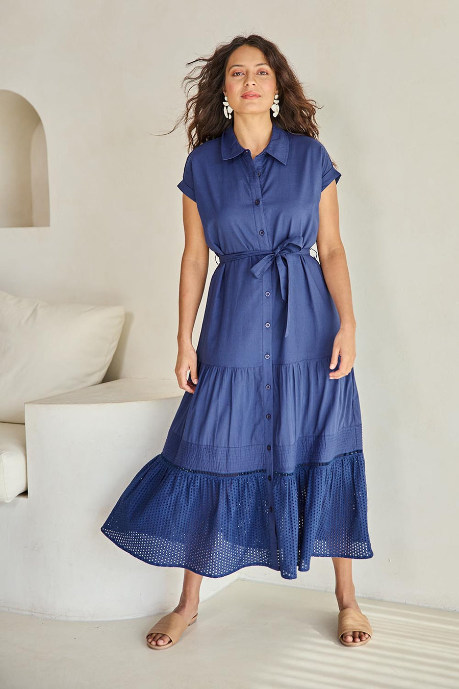 Cotton Broderie Trim Dress – Blue