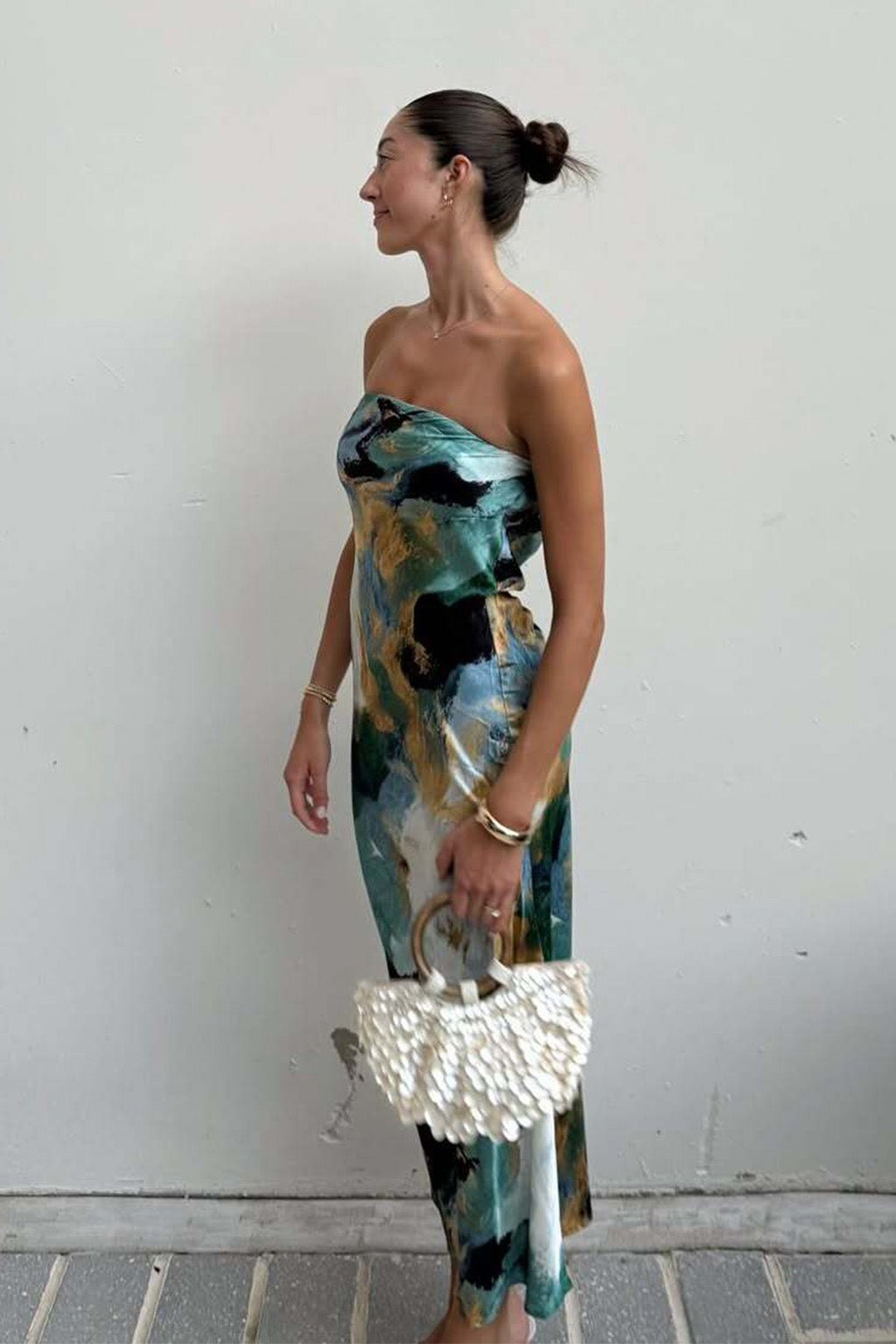 Natalia Blue and Gold Watercolor Strapless Maxi Dress