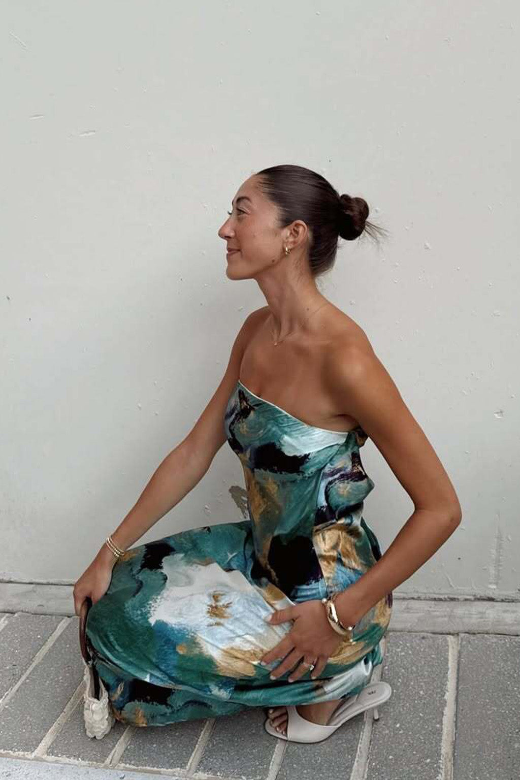 Natalia Blue and Gold Watercolor Strapless Maxi Dress