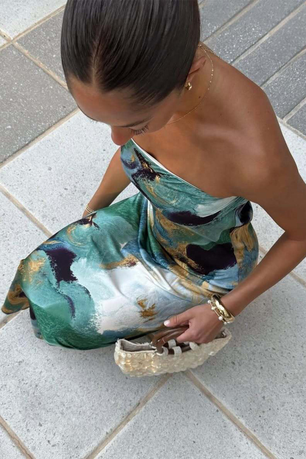 Natalia Blue and Gold Watercolor Strapless Maxi Dress