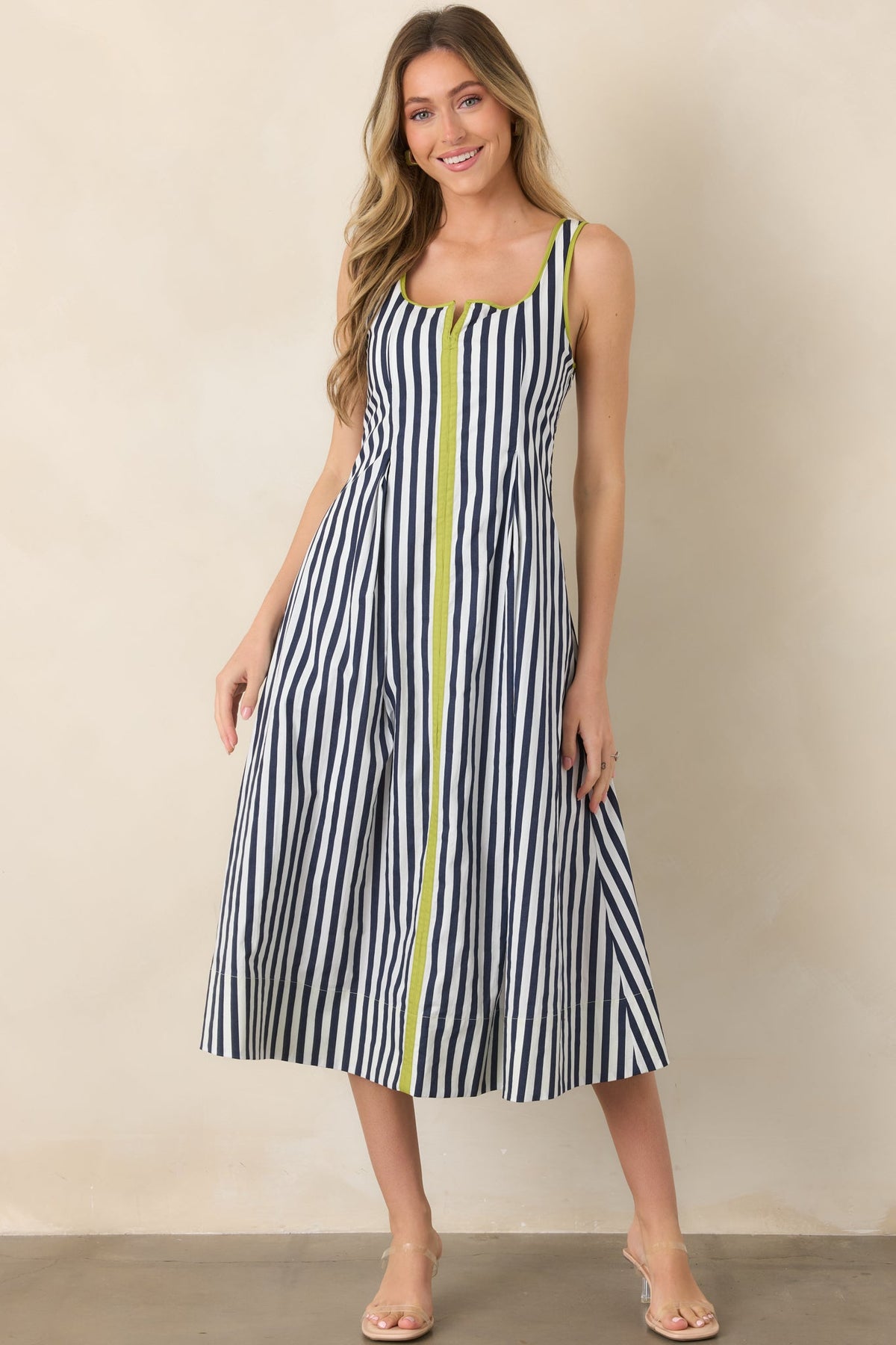 All Smiles Navy & Chartreuse Stripe Cotton Midi Dress