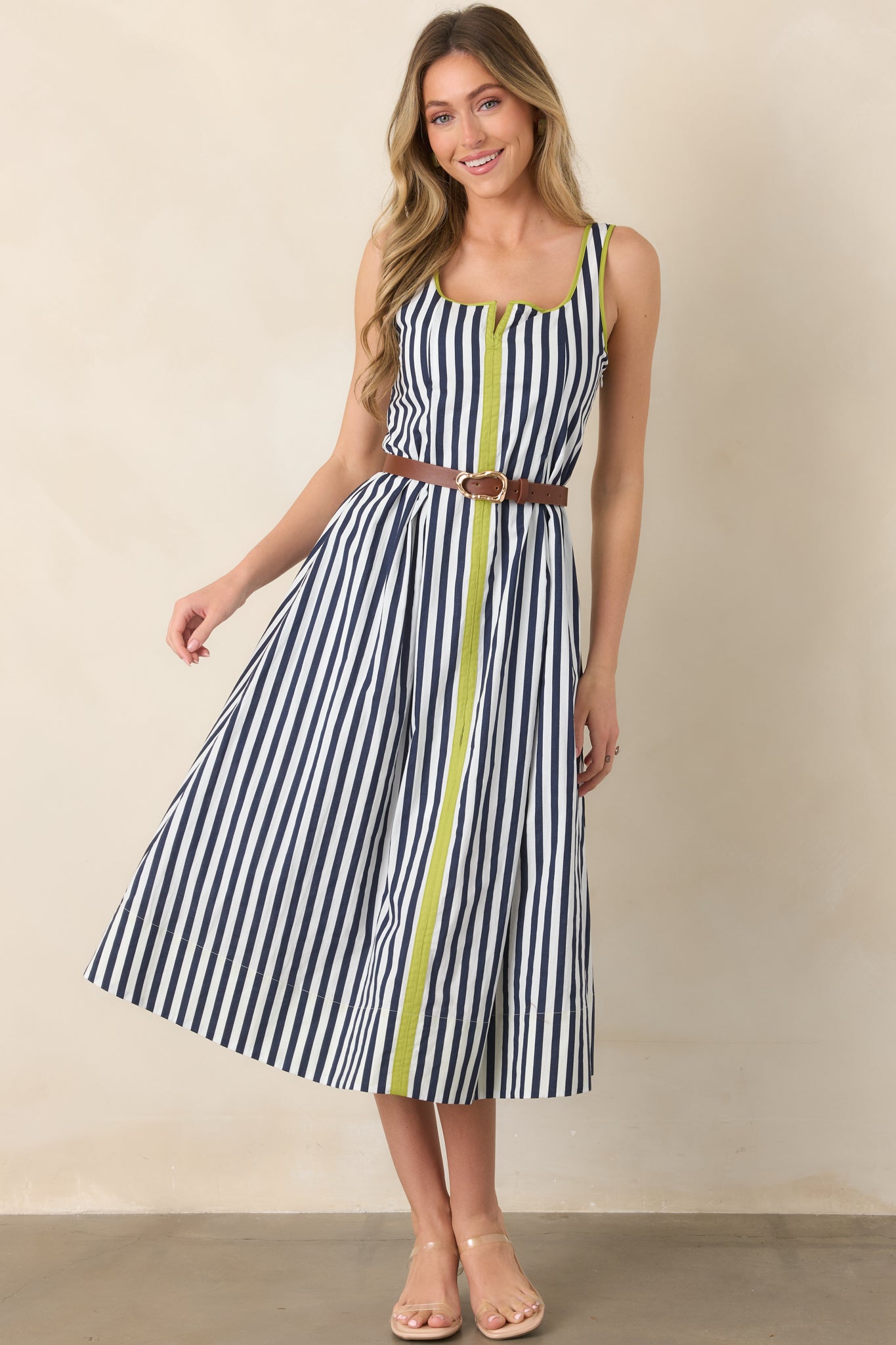 All Smiles Navy & Chartreuse Stripe Cotton Midi Dress