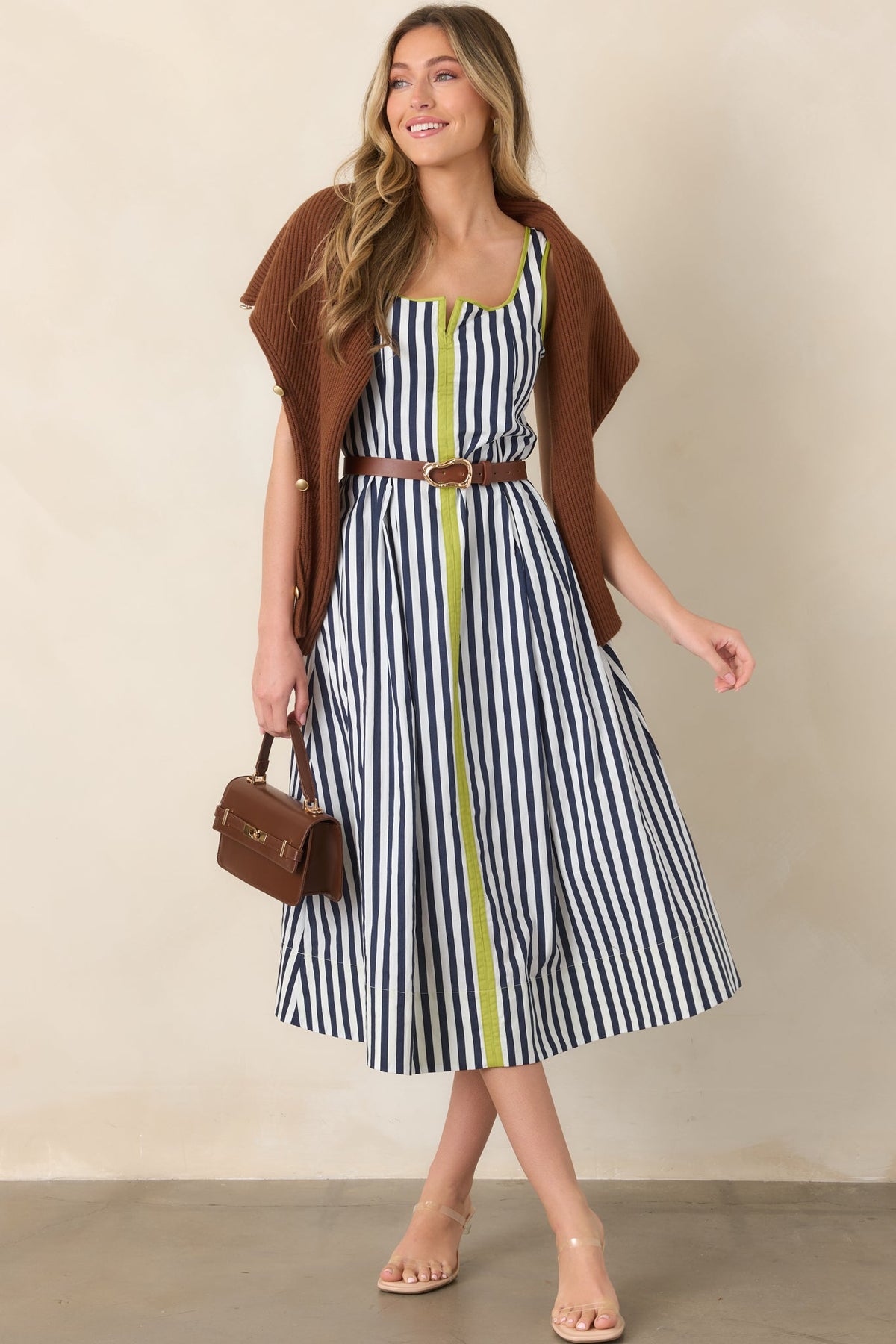 All Smiles Navy & Chartreuse Stripe Cotton Midi Dress