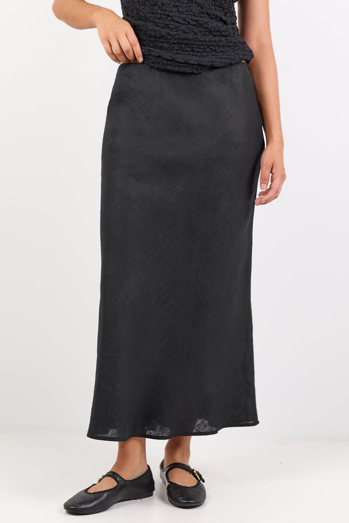 Bliss Black Linen Bias Midi Skirt