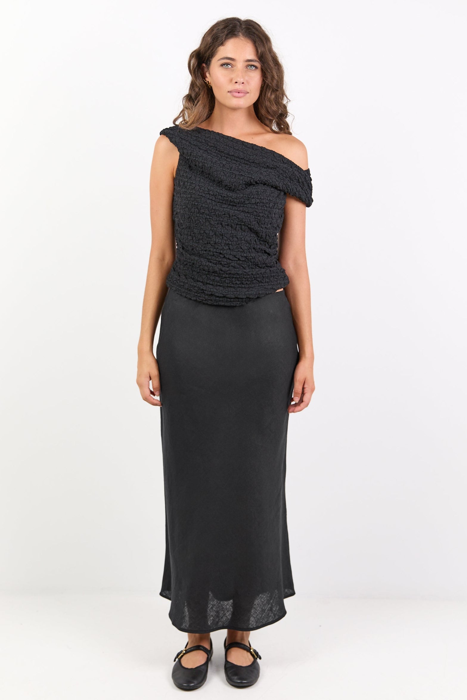 Bliss Black Linen Bias Midi Skirt