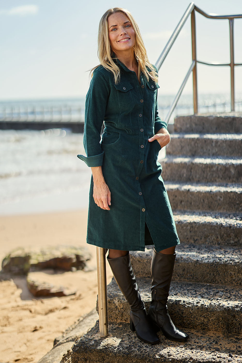 Cotton Corduroy Button Dress - Pine