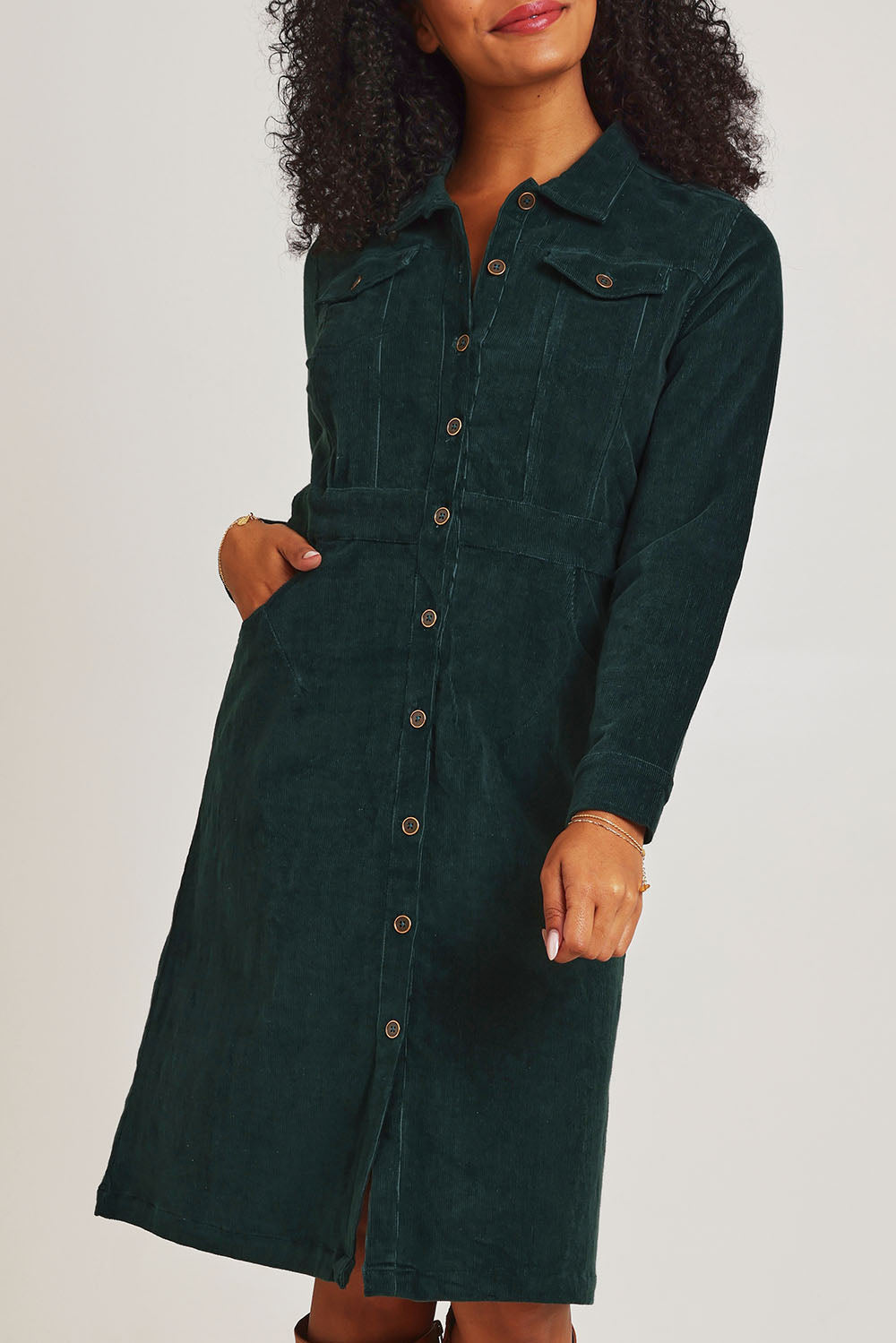 Cotton Corduroy Button Dress - Pine