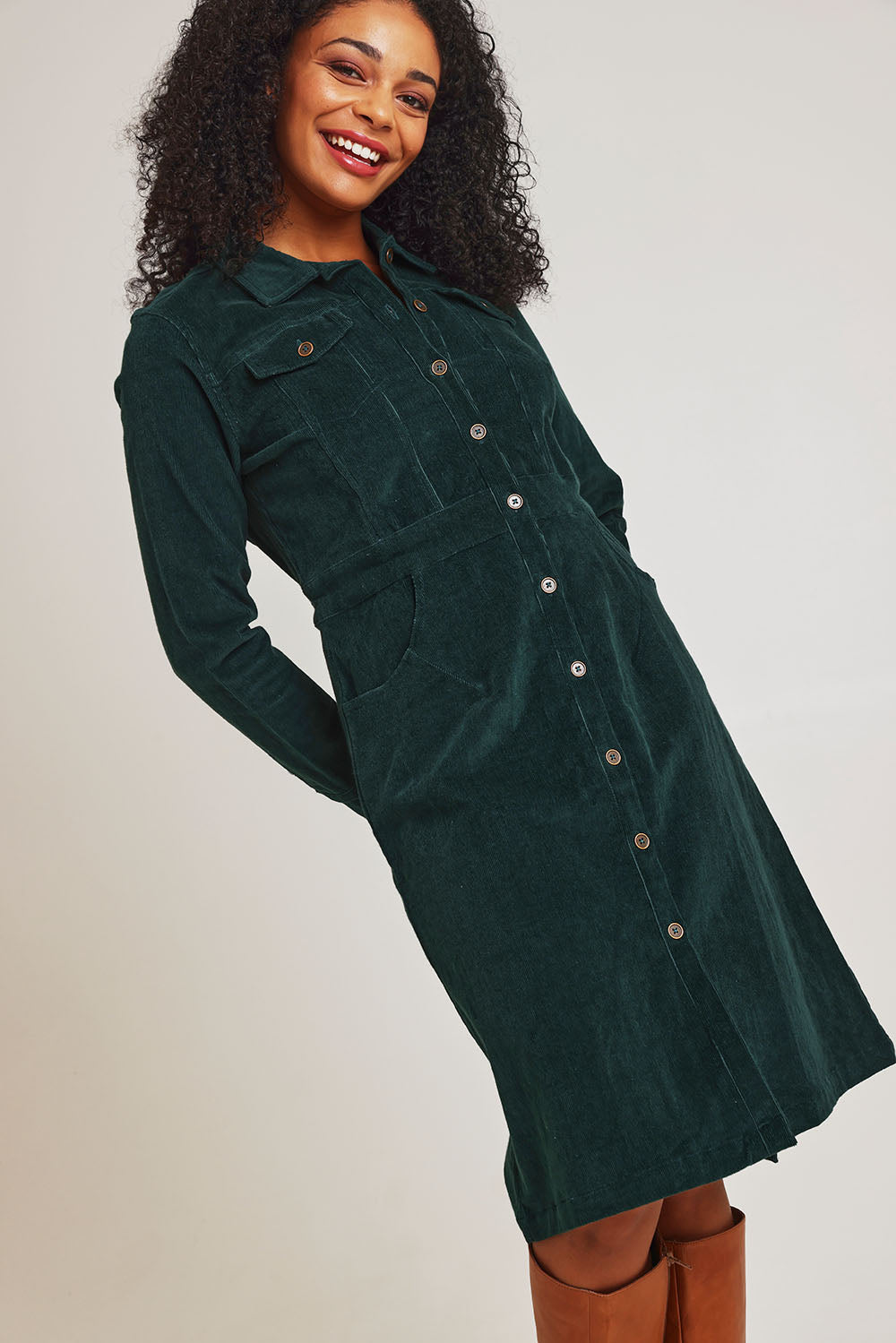 Cotton Corduroy Button Dress - Pine