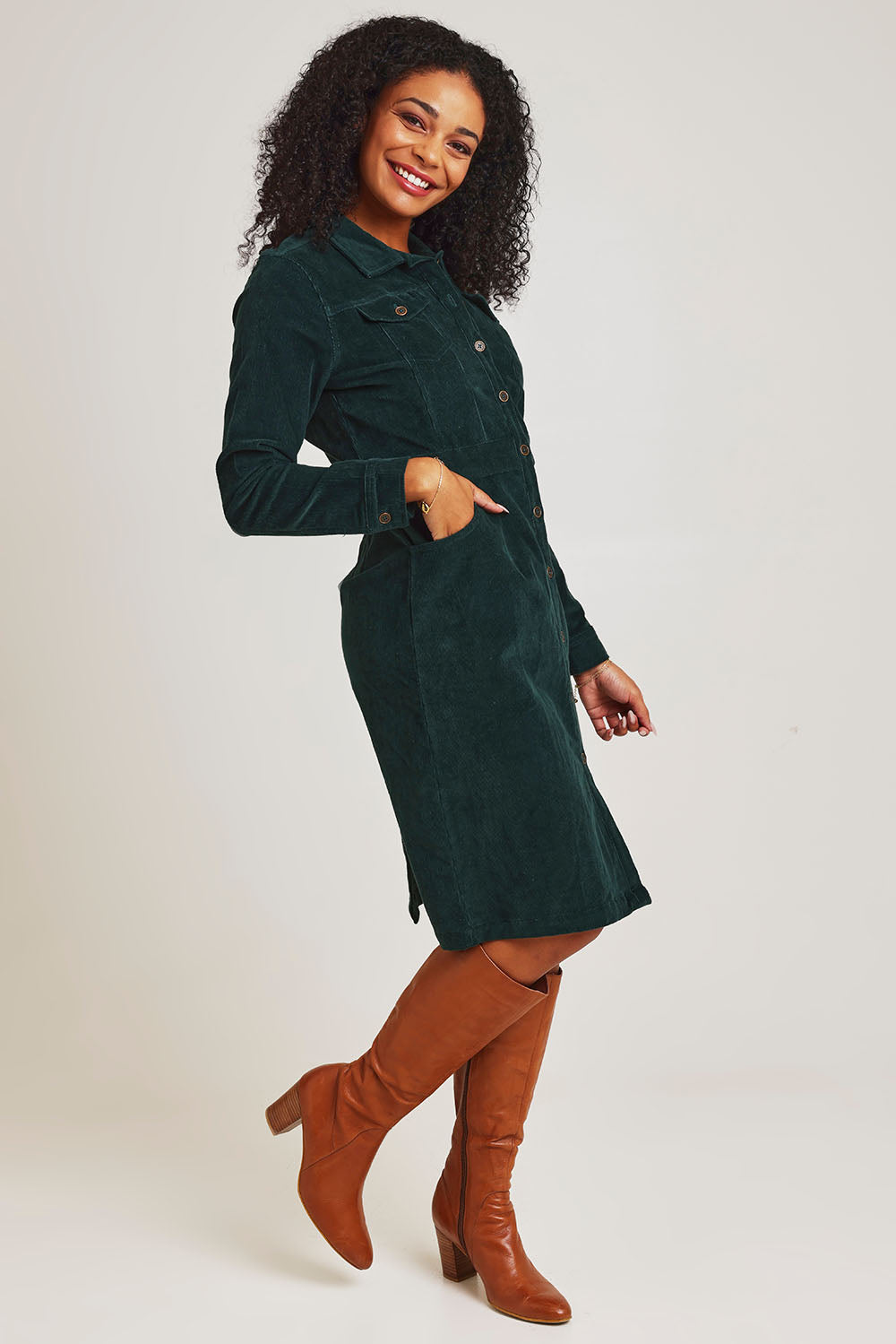 Cotton Corduroy Button Dress - Pine