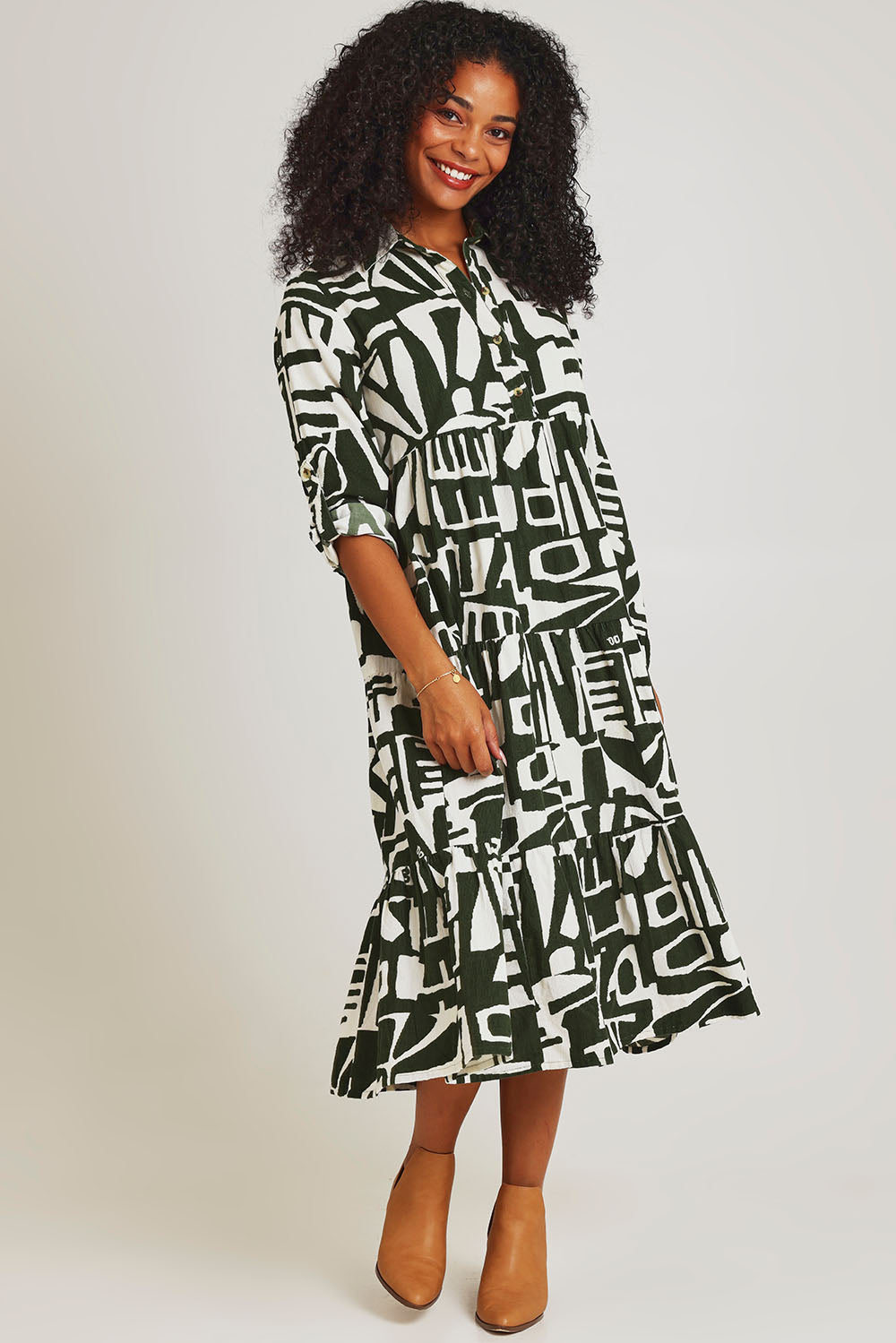 Corduroy Cotton Collar Dress - Olive