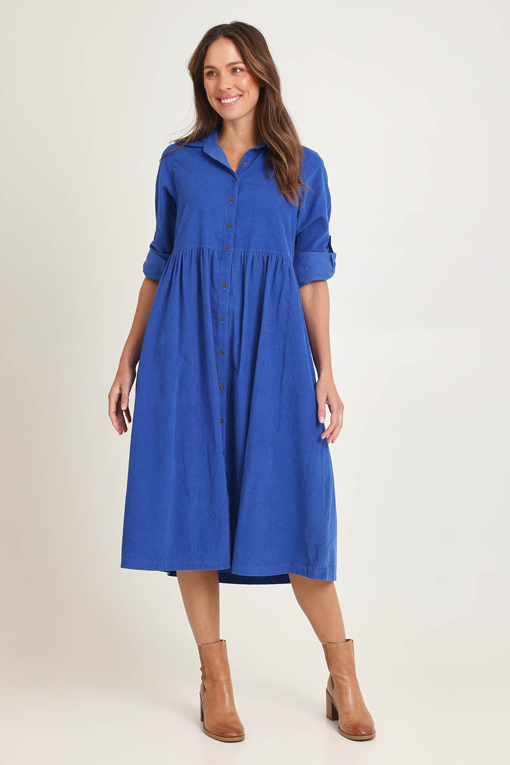 Cord Collar Buttons Dress – Cobalt